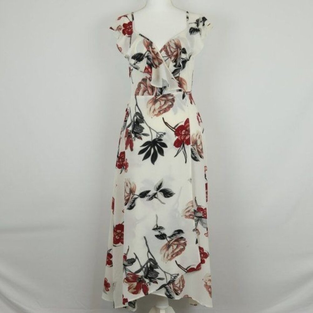 Cupshe Long Beach Women's Small Cream & Red Floral Ruffled Crepe Midi Wrap Dress
